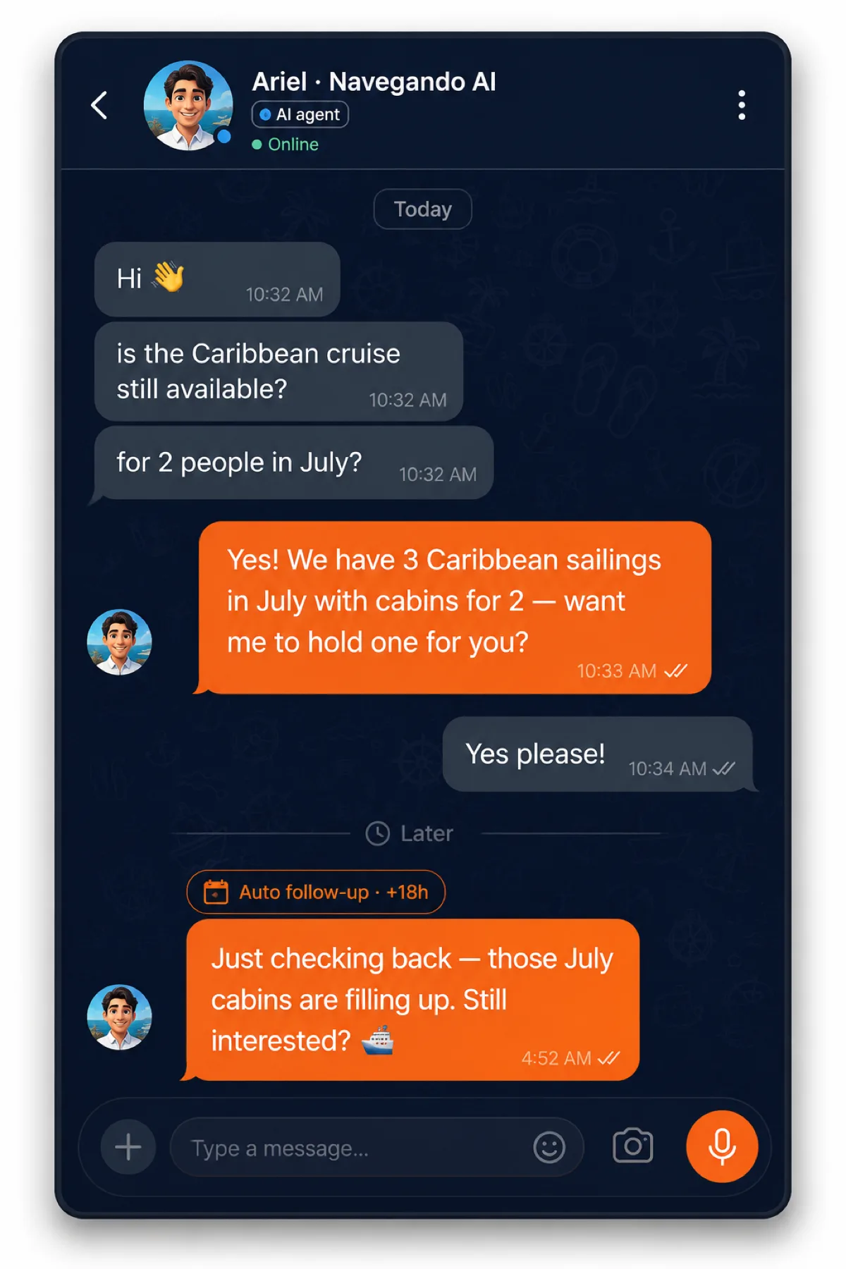 A WhatsApp chat where Navegando's branded AI agent answers a lead's three quick messages with a single reply and later sends an automatic follow-up