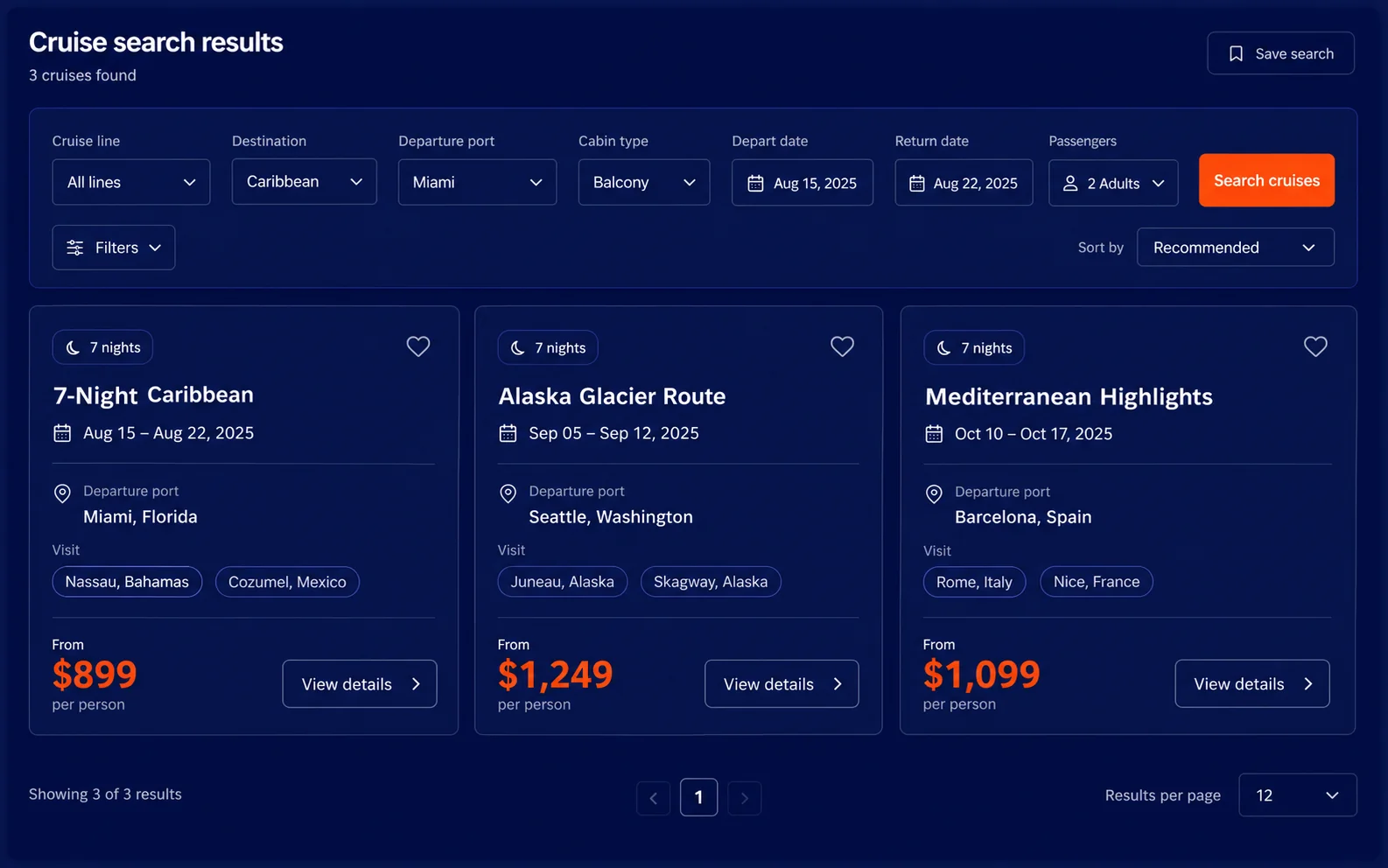 Screenshot of the cruise search results panel inside the Navegando platform