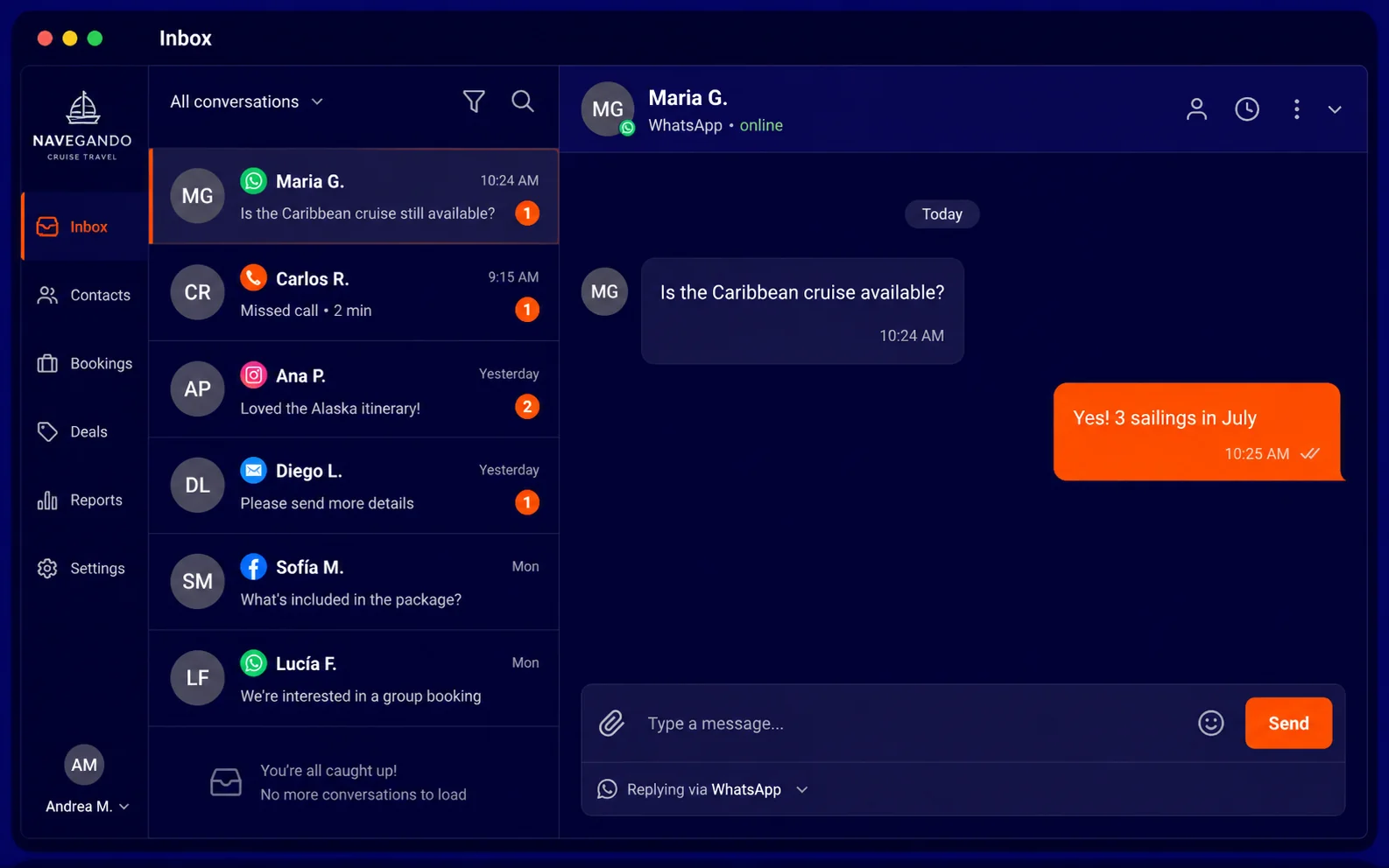 Navegando's shared inbox showing conversations across WhatsApp, calls, social, and email in one screen