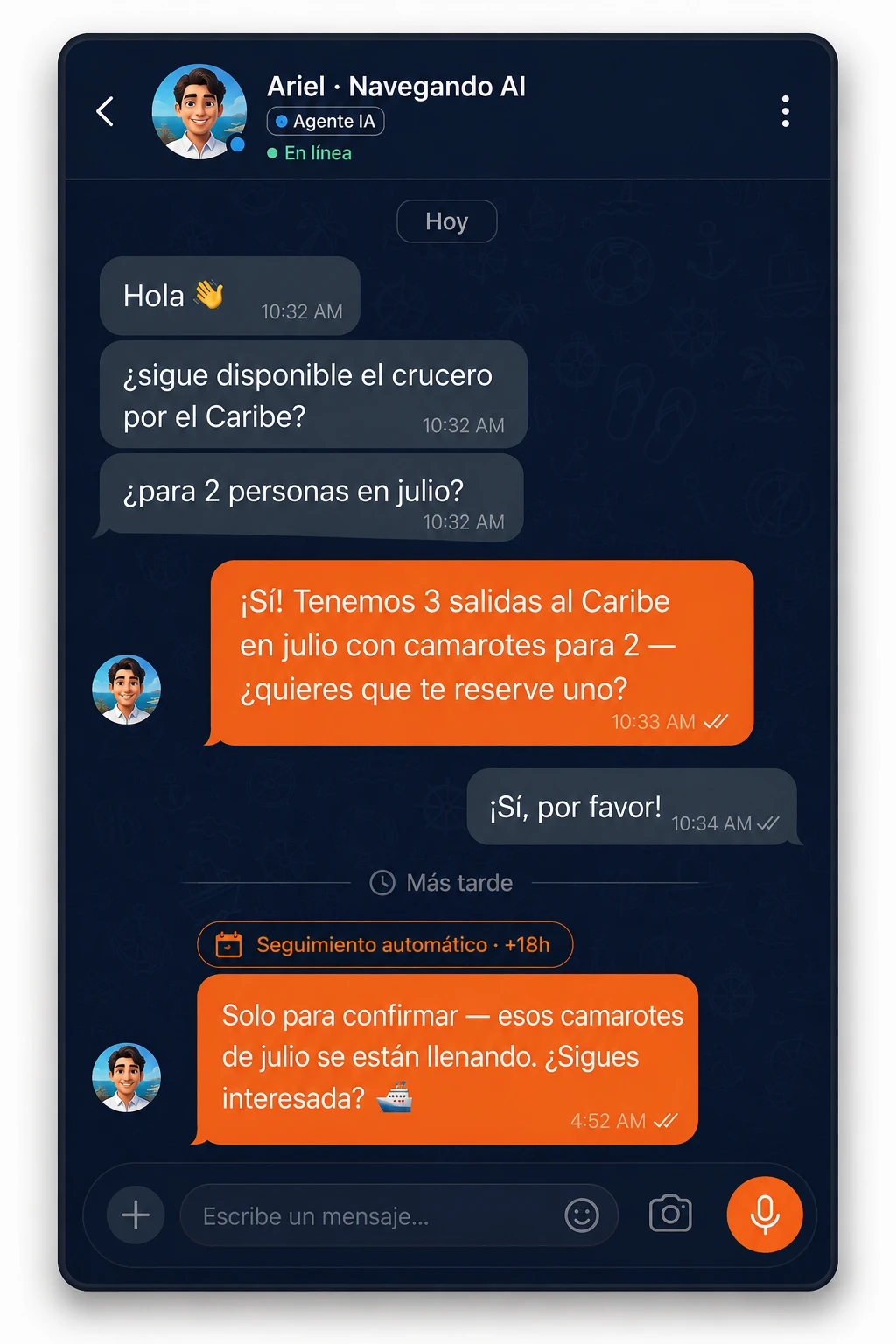 Un chat de WhatsApp donde el agente de IA de Navegando responde a los tres mensajes seguidos de un lead con una sola respuesta y luego envía un seguimiento automático