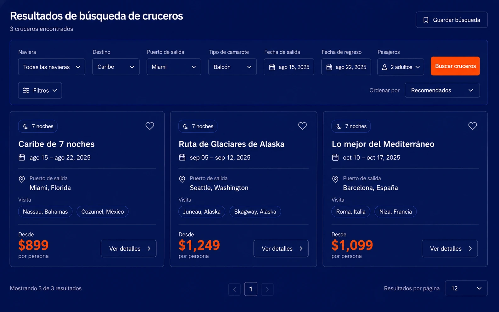 Captura de pantalla del panel de resultados de búsqueda de cruceros dentro de la plataforma de Navegando