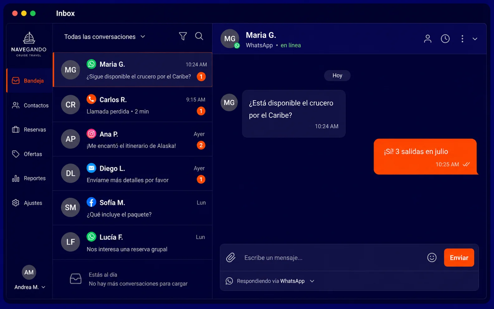 Bandeja compartida de Navegando mostrando conversaciones de WhatsApp, llamadas, redes y correo en una sola pantalla